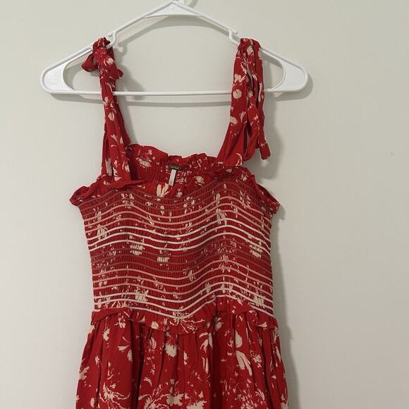 Free People Color My World Wide-leg Jumpsuit XS Smocked Tie Shoulder Red Floral - Picture 5 of 11